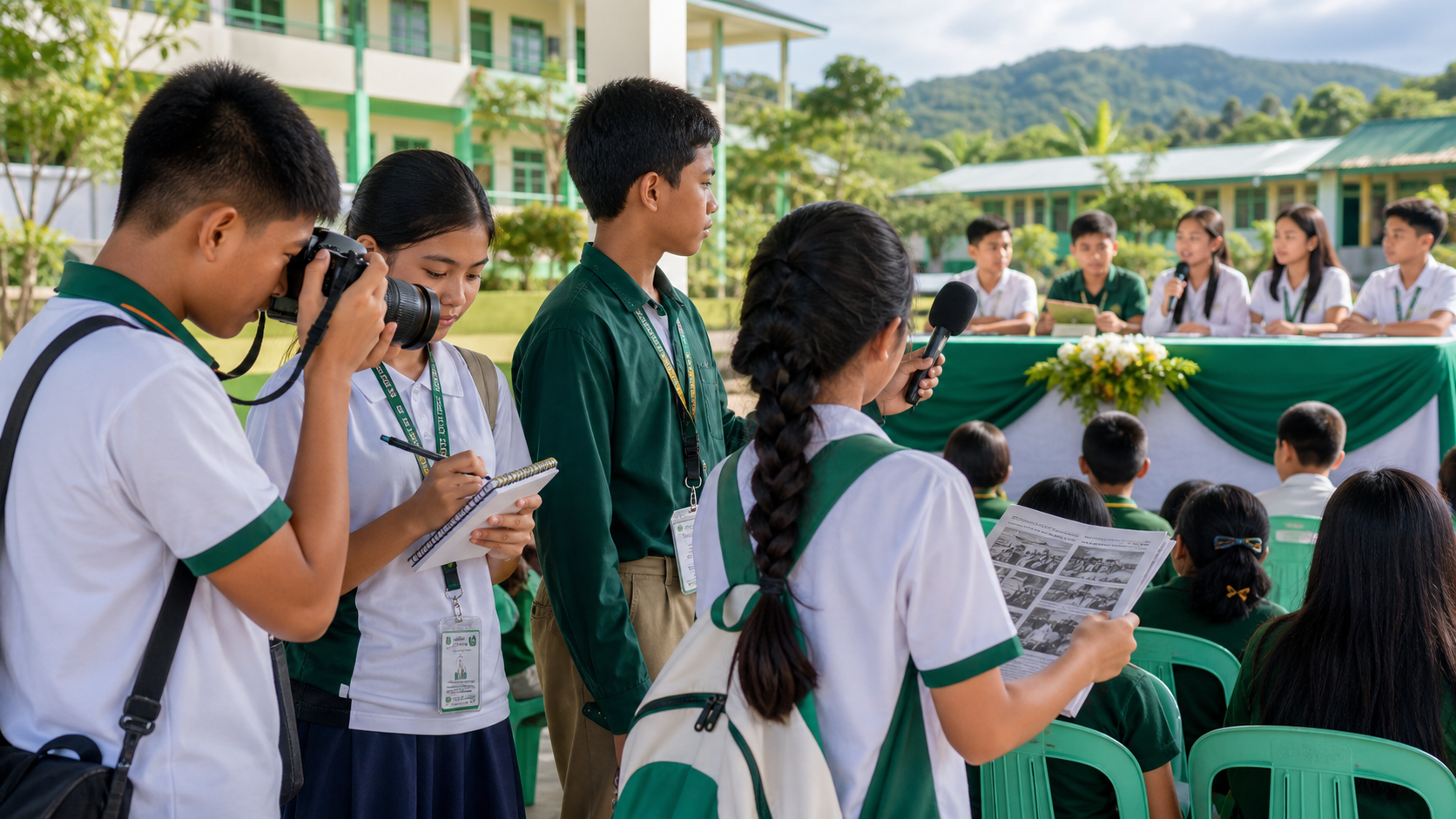 Filipino student journalists reporting with a camera, notebook, microphone, and school paper at DSPC 2026.