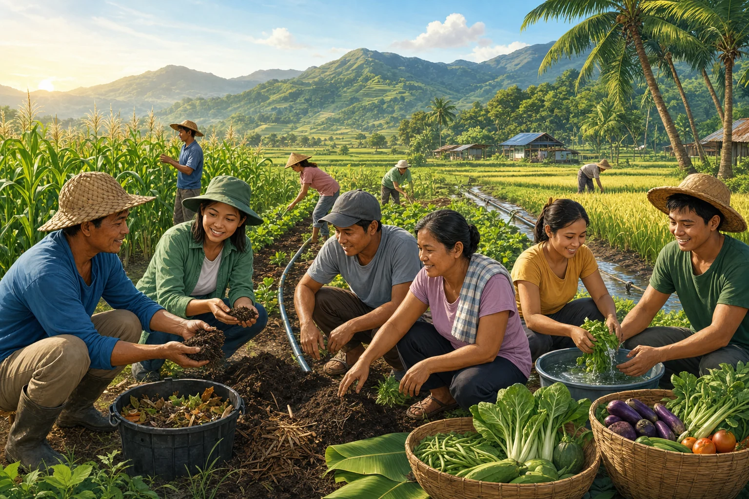 Generated editorial illustration of Dumingag farmers using compost, irrigation, diverse crops, and cooperative produce preparation.