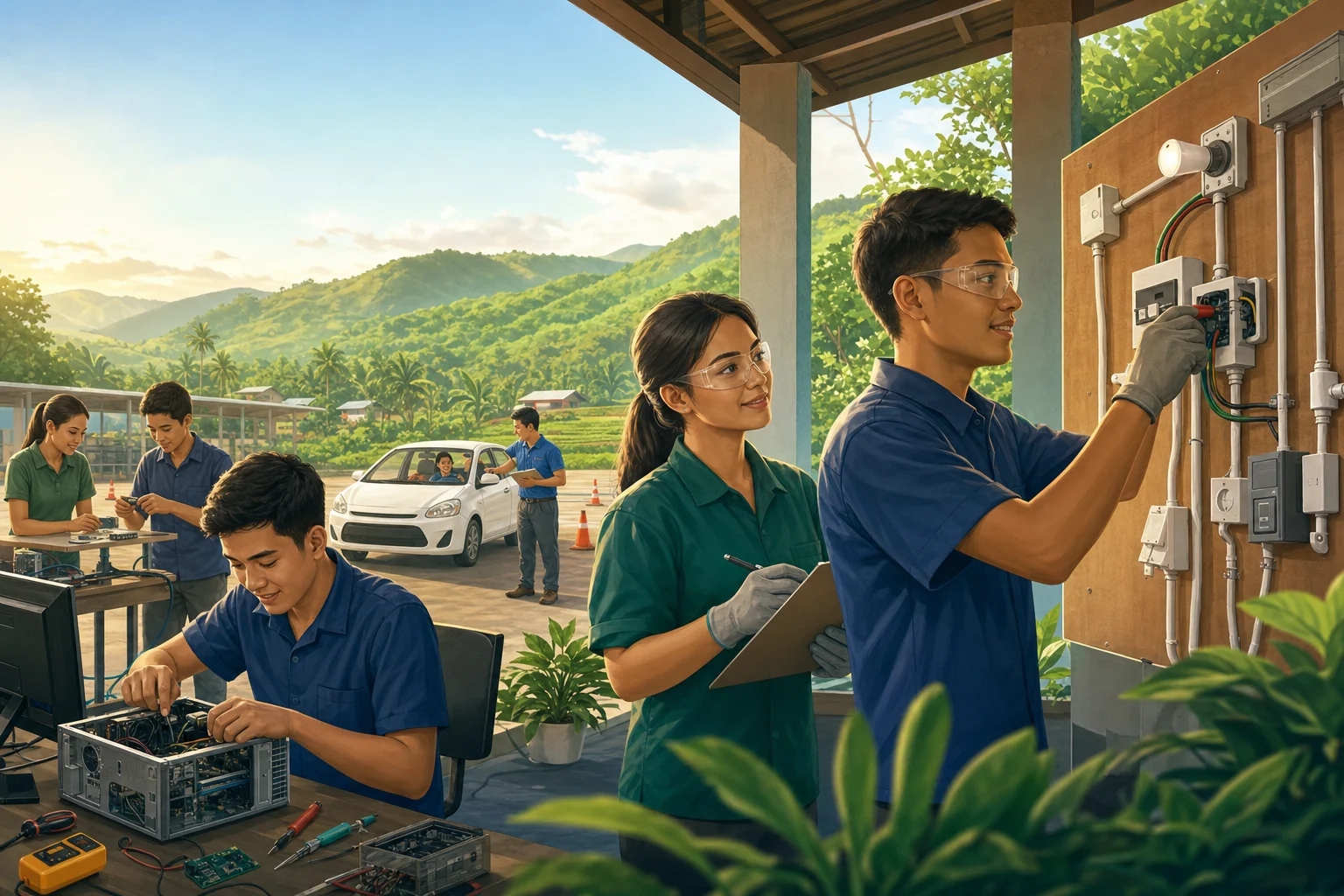 Generated editorial illustration of learners practicing electrical installation, computer servicing, and driving skills in a rural training campus.