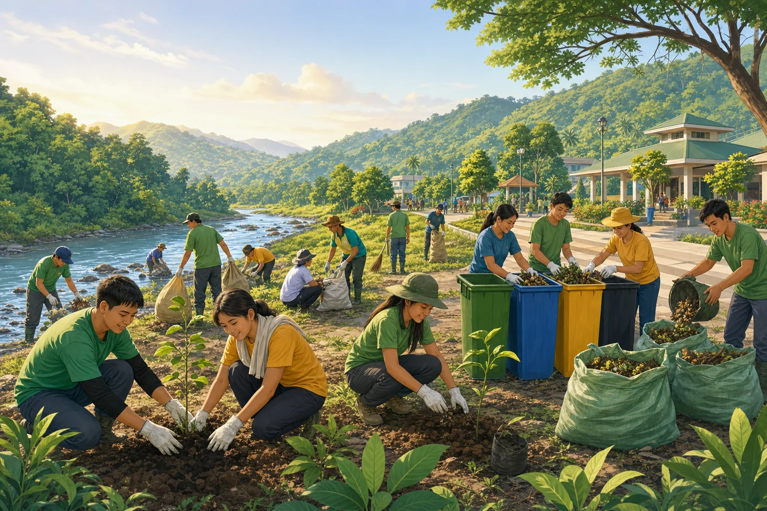 Generated editorial illustration of environment workers and volunteers planting trees, cleaning a riverbank, and segregating biodegradable waste.