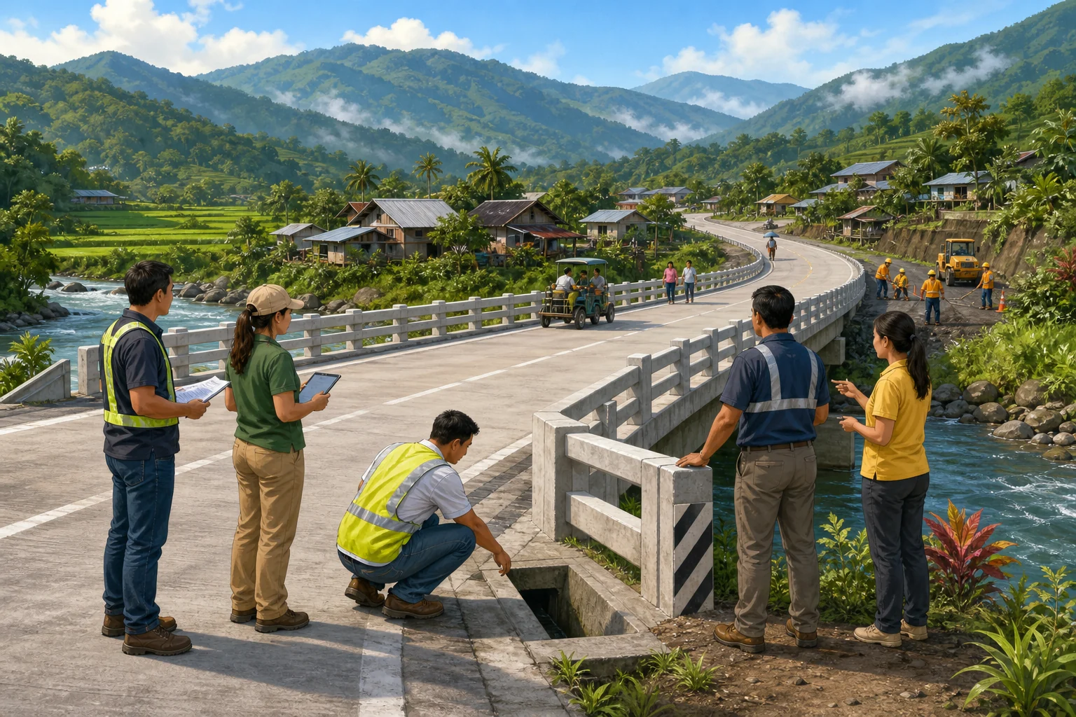 Generated editorial illustration of engineers and community representatives inspecting a completed bridge, local road, drainage, and safety features.