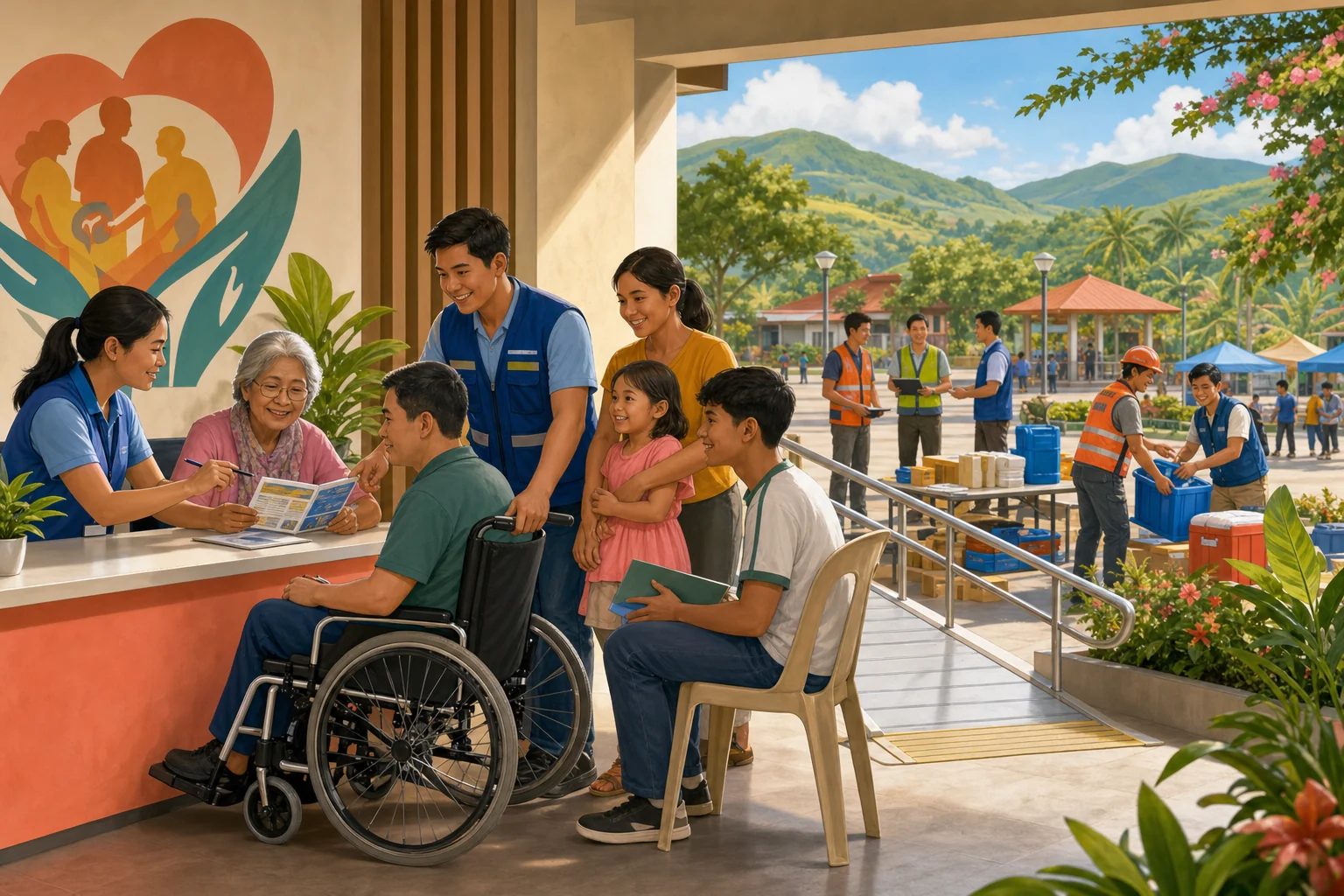 Generated editorial illustration of social workers assisting older people, a wheelchair user, a family, and youth while responders coordinate preparedness.
