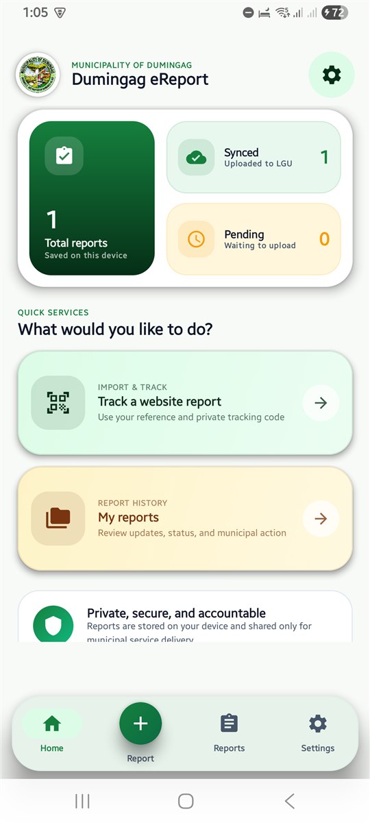 Dumingag eReport reporting dashboard with synced and pending report status