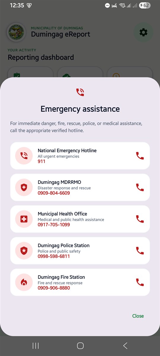 Verified emergency hotline directory inside Dumingag eReport
